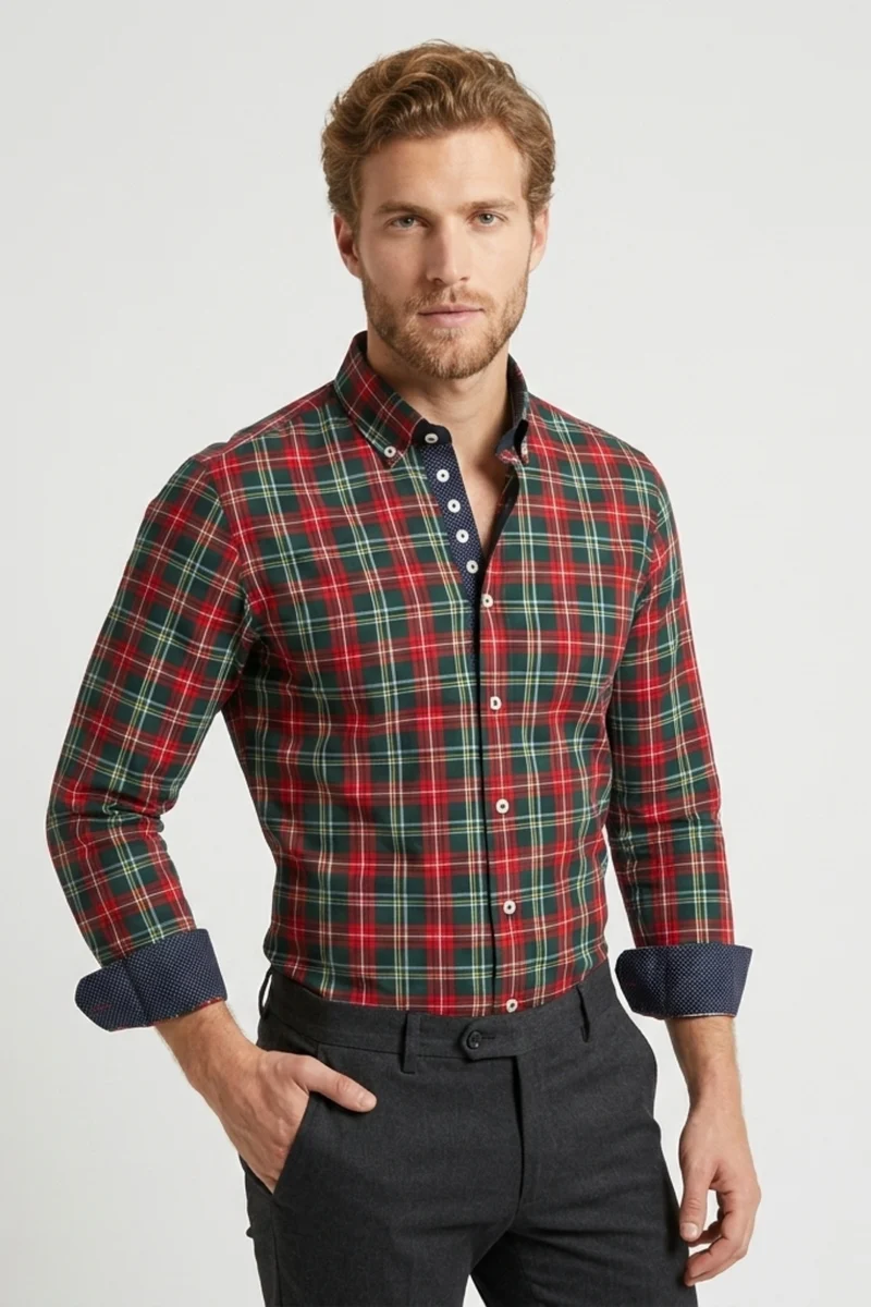 Donatello Iconic Twill Men’s Shirt Green Red
